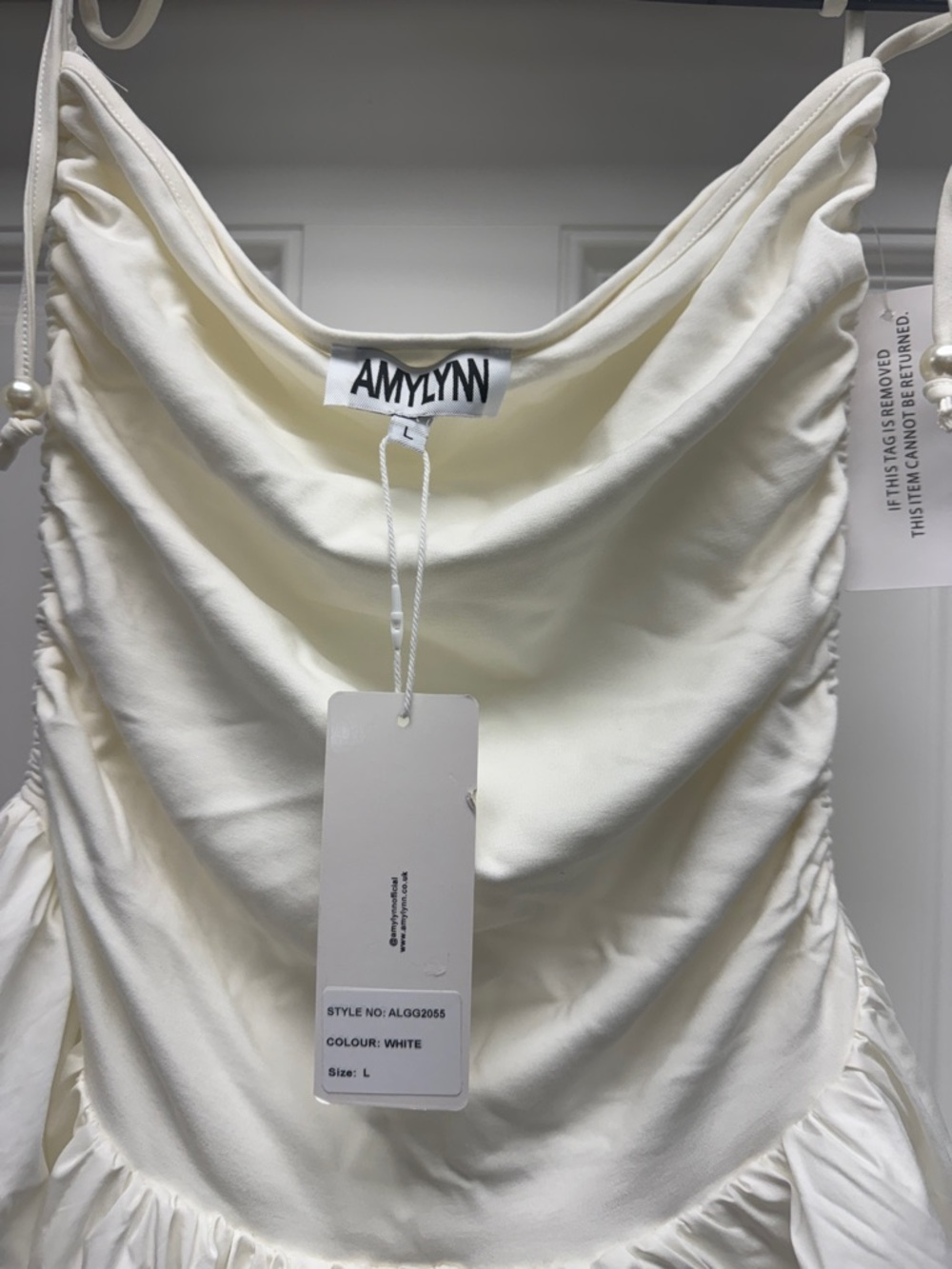 Amy Lynn Alexa Tie-Shoulder Midi Dress Poplin Drop Waist Bubble Skirt White - Picture 9 of 11